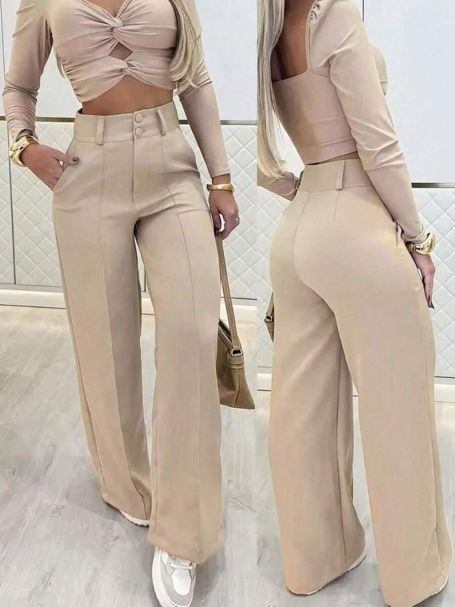 Solid Color High-Waisted Trousers, Casual And Versatile For Everyday Wear, For Spring - Khaki - View 1
