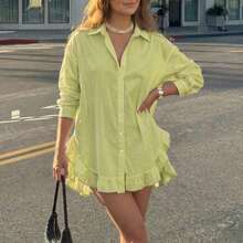 Blusa casual de primavera para mujer, unicolor, con botones delanteros y volantes, primavera/verano - Verde - Ver 4