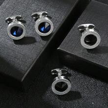 1對男士經典銀色紋理框架水晶袖扣，圓形藍黑亮片襯衫袖扣，奢華裝飾套組，適合商務、婚禮、派對與週年紀念禮物 - 彩色 - 查看 1
