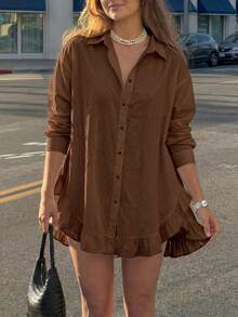 Women's Spring Casual Solid Color Front Button Ruffle Blouse Spring/Summer - Brown - View 4