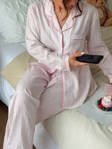 2pcs/Set Striped Heart Print Autumn/Winter Pajama Set, Lapel Button Long Sleeve Top And Long Pants, Women's Sleepwear Loungewear Set - Pink - View 6