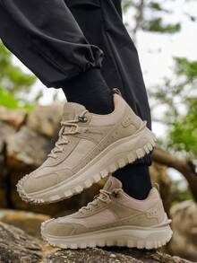 Solid Color Outdoor Lace-Up Hiking Shoes, All-Season Versatile Retro Round Toe Plus Size Street Style Thick Sole Work Boots For Men - Khaki - View 9