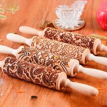 1 Pcs Wooden Sunflower Embossed Rolling Pin With Pattern For Kitchen Pastry, Baking Tools, Deep Engraving Cookies Stamp Tool - Style 011 - View 1