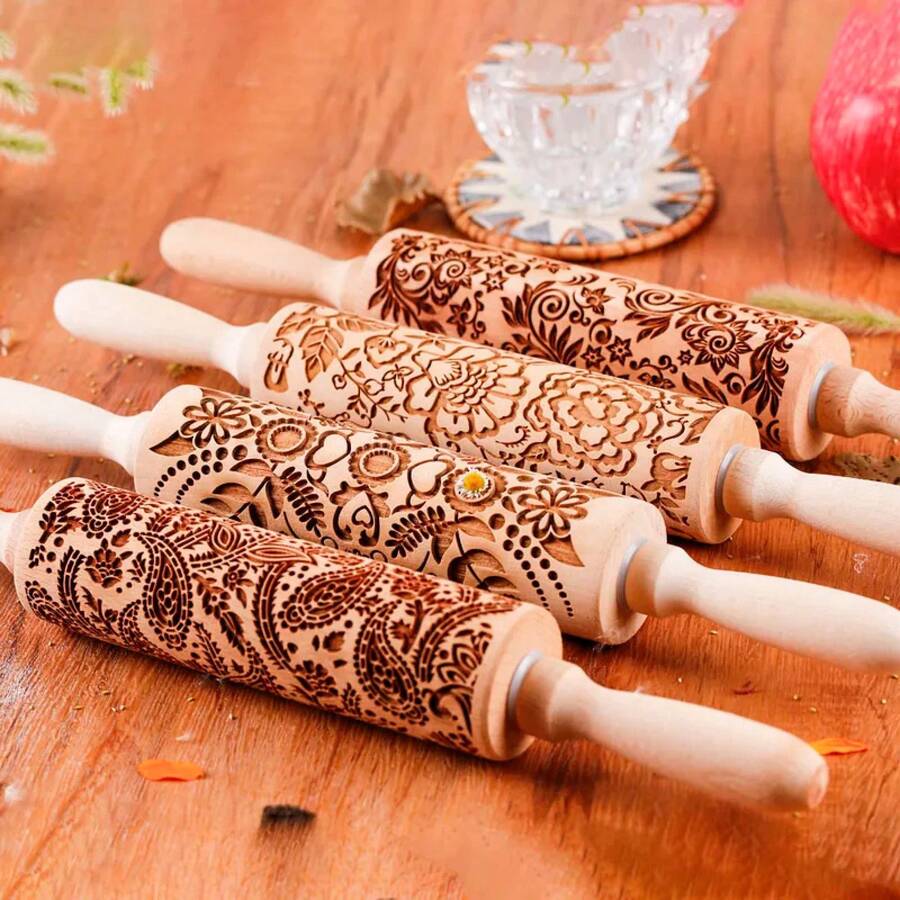 1 Pcs Wooden Sunflower Embossed Rolling Pin With Pattern For Kitchen Pastry, Baking Tools, Deep Engraving Cookies Stamp Tool - Style 011 - View 1