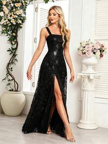 XUCTHHC Sleeveless Sequin High Slit Thigh Black Formal Prom Gown,Elegant Party Evening Dress,For Birthday,Wedding Guest,Graduation,Festiva,Fall - Black - View 6