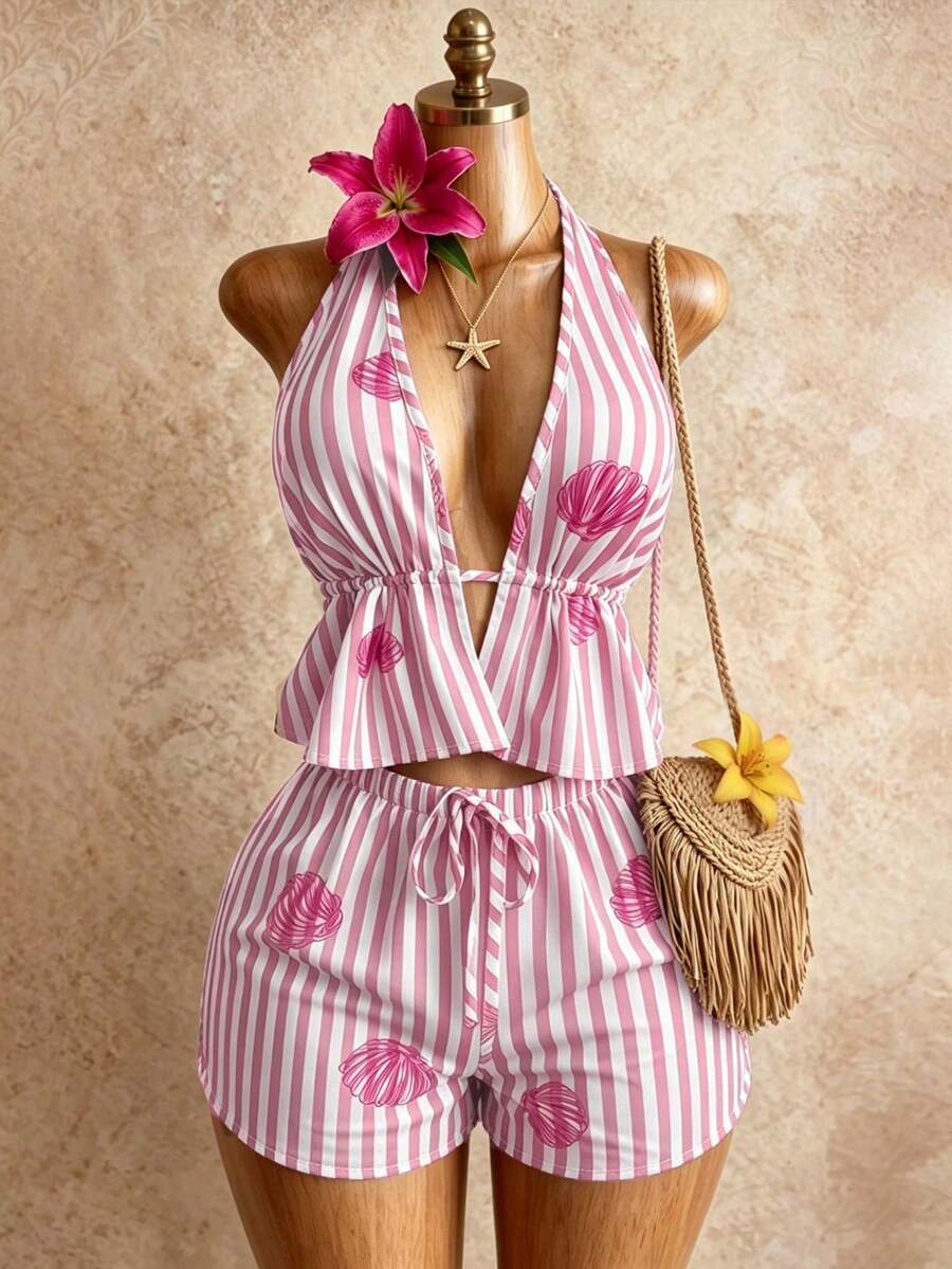 Women's New Vacation Style Khaki White Striped Linen Deep V-Neck Tie Strap Camisole Top Paired With Drawstring Waist Loose Casual Beach Shorts, C - Blue - View 1