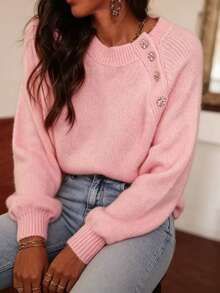 Light Luxury Soft Pink Knitted Sweater, Asymmetric Rhinestone Button Design, Round Neck Loose Pullover Top, European And American Influencer Style, Back To School And Commuting Blouse - Pink - View 1