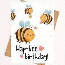 附信封生日卡 - "Hap-Bee Birthday" 生日卡，印有蜜蜂與愛心字樣，生日卡禮品卡，內部空白 - A - 查看 1