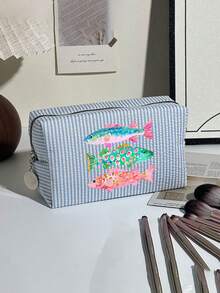 Seersucker Small Makeup Bag, Striped Embroidered Makeup Bag, Large Capacity Cosmetic Storage Bag, Travel Toiletry Bag, Perfect For Beach Trips, Swimming, Shopping And Daily Use, Suitable For Women, Travelers And Beach Lovers, Perfect For Spring Break, Easter, Mother's Day, Vacation And Gift Giving, Woven Material, Can Be Used As A Beach Bag, Shopping Bag And Travel Companion - Multicolor - View 14