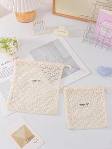 Lace Mesh Drawstring Bags Daisy Embroidered Storage Pouches Lightweight Portable Organizers For Travel Cosmetics Bag Beige Floral Design Makeup Bags - Beige - View 4