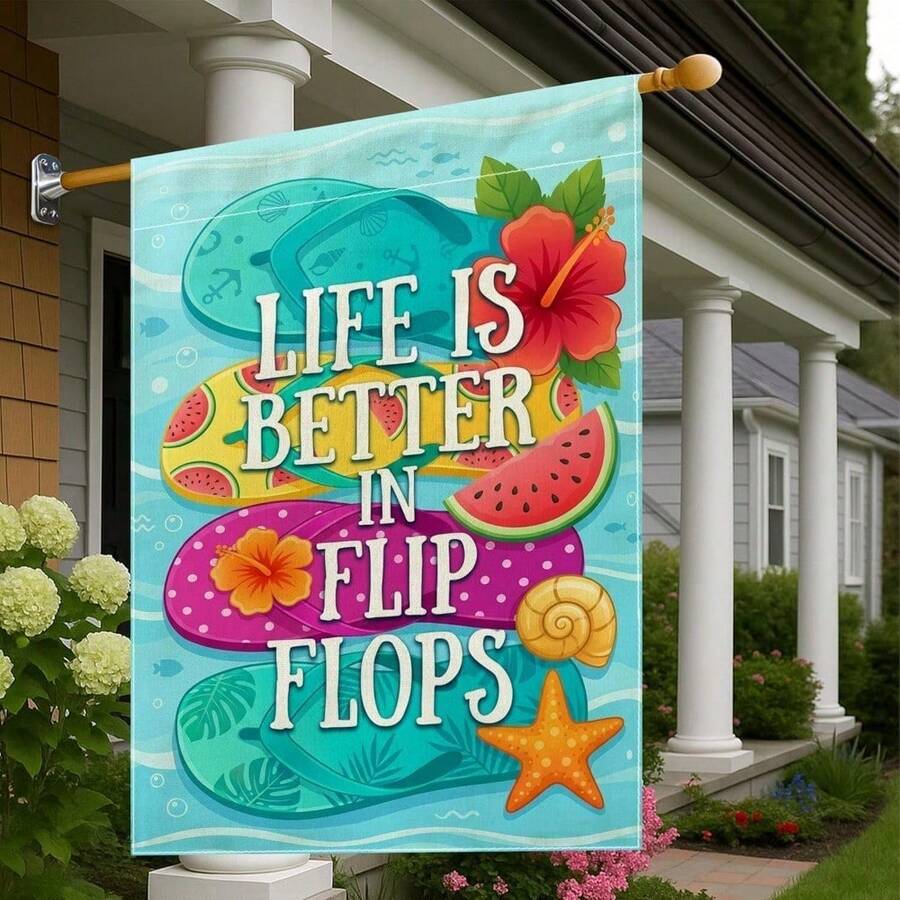 Flip-Flop Themed Garden Flag - Summer Tropical Style (Watermelon & Hibiscus) Double-Sided Printed Burlap Decorative Flag; Suitable For Outdoor Patios, Gardens, Lawns, Entryways, And Balconies. - A - 查看 1