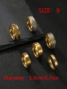 6pcs Set Minimalist Stainless Steel Rings, Silver, Gold, Black Color, Rotatable Chain Design, Suitable For Outdoor Sports And Daily Wear - 6-piece Set - View 31
