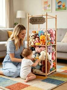 Jaula de almacenamiento de animales de peluche de madera, estantería organizadora de muñecas, estante de almacenamiento de juguetes para bebés para juguetes de peluche, ropa y libros, soporte de exhibición cuadrado para la habitación de los niños - Multicolor - Ver 6