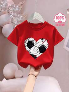 [Camiseta de fútbol para niñas] Camiseta de fútbol con estampado de corazón y letras, manga corta para niñas, fresca y transpirable para primavera/verano, 100% algodón puro, - Burdeos - Ver 1