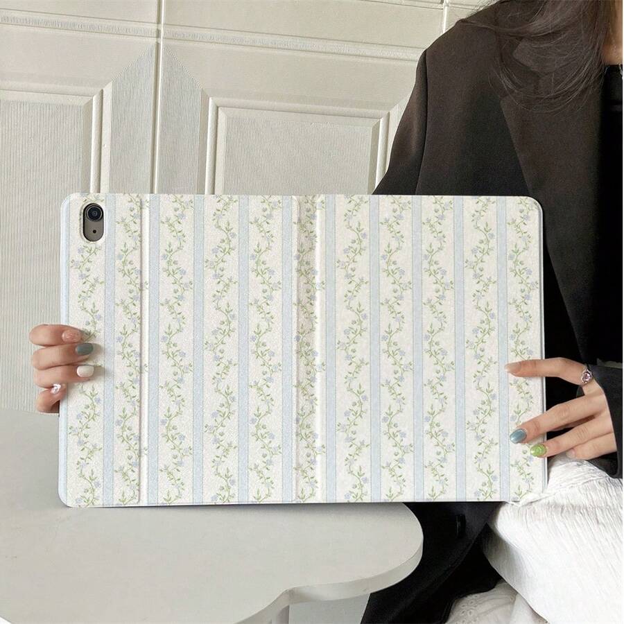 1 Piece Light Grey Vertical Stripe Tiny Floral - Multi-Angle Stand Protective Cover With Pen Holder Compatible With IPad 10th Generation 10.9-Inch 2022 Smart Case/ Air 13(M3 2025)/ Air 11/ 11(A16 2025)/Galaxy Tab S10+/S9/A9,Compatible With Oppo Pad,Compatible With Huawei Matepad,Compatible With Vivo Pad,Compatible With Honor Pad,Compatible With Lenovo Xiaoxin Pad - Multicolor - View 1