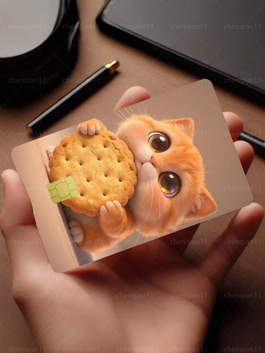 1pc Cookie Cat Credit Card Sticker Privacy Protection Card Skin, Big Eye Cute Pet Party Birthday Gift PVC Material Anti-Fingerprint Anti-Scratch Wear-Resistant Card Sleeve, Suitable For Men, Women, Couples, Small Chip Card, Bank Card Decoration Sticker, Credit Card, Transit Card, Student Campus Card Personalized DIY - Type a - View 1