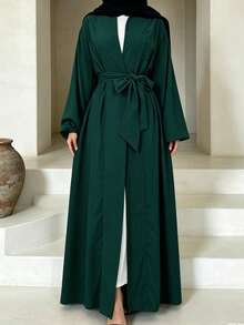 Open Front Abaya With Belt, Elastic Cuffs Modest Muslim Dress, Casual Dubai Style Islamic Clothing - Multicolor - View 14