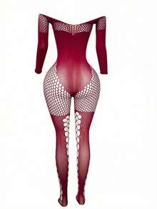 Women's Sexy Spaghetti Strap Mesh Bodystocking Lingerie - Burgundy - View 4