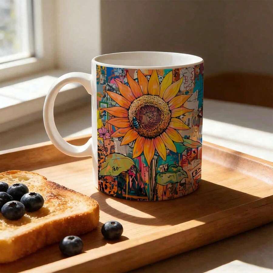 [Ships Within 24 Hours Locally In Mexico] 24-Hour Local Delivery In Mexico - A Shop That Only Does Double-Sided Printing. 11 Oz Ceramic Coffee Mug With Vibrant Sunflower And Multicolored Urban Graffiti Art - Dishwasher , Durable And Reusable Mug For Home, Office, - 圖片1 PCS - 查看 1