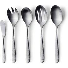 - Juego de 10 piezas para servir, 18 10, juego de azafata de acero inoxidable, cuchara para servir, cuchara para servir ensalada/tenedor, cuchillo para mantequilla, juego Fidenza martillado, - 10-Piece Matte Serving Set + Martillado mate - Ver 2