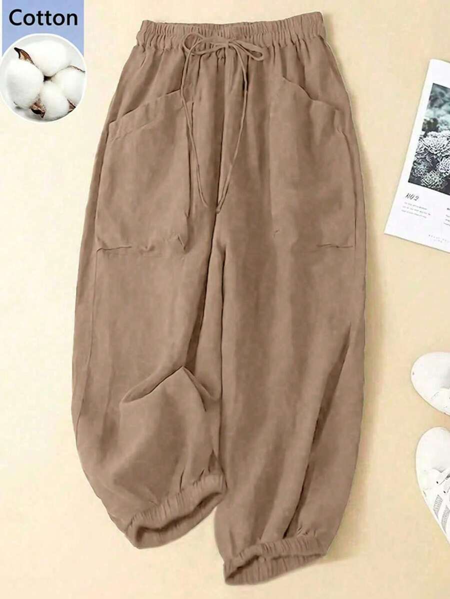 Pantalones casuales sencillos de bolsillo con lazo al frente de unicolor en talla grande, uso casual diario - Marrón Mocha - Ver 1