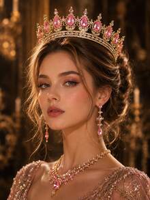 KOVLYNE 1Pc Gold Plated Crystal Crown - Teardrop Rhinestone Full Round Tiara, Styling Supplies For Wedding, Prom & Pageant - Multicolor - View 4
