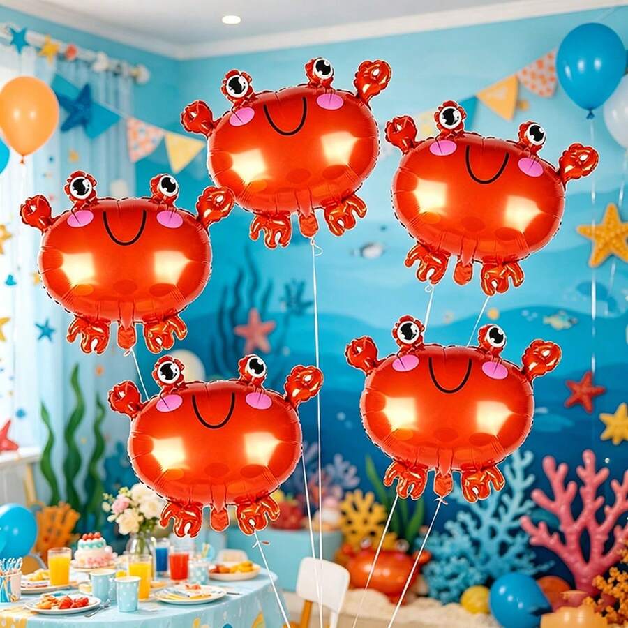 5pcs Mini Ocean Crab Aluminum Foil Balloons (Ribbon Not Included), Suitable For Birthday Party Decoration, Theme Event Setup, Ocean Theme Decor, Photo Props - Crab - View 1