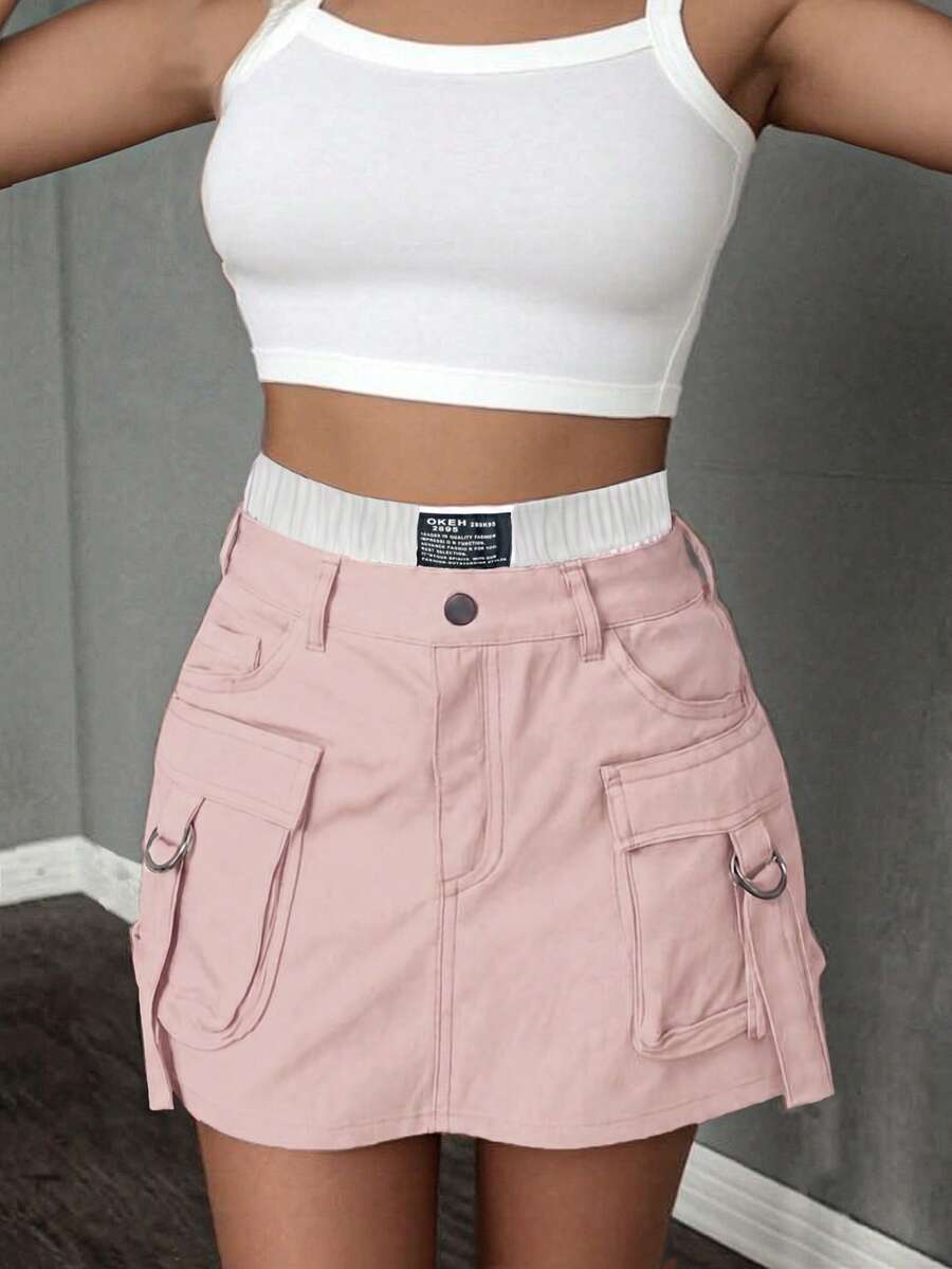 Women's New Dual Waistband Skirt, Color Block Patchwork Skirt, Elastic ...