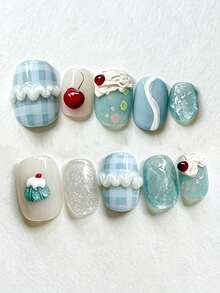 10pcs Kuku Tempel Pendek Bulat & Persegi Buatan Tangan, Tema Makanan Penutup yang Lucu, Dekorasi Kue Ceri Krim 3D, Hati Kotak-kotak Merah Muda dengan Glitter Rhinestone, Gaya Macaron Gradient Dopamine, Cocok untuk Pemula, Gaya Musim Panas untuk Kencan Sehari-hari - Mint Blue - View 1