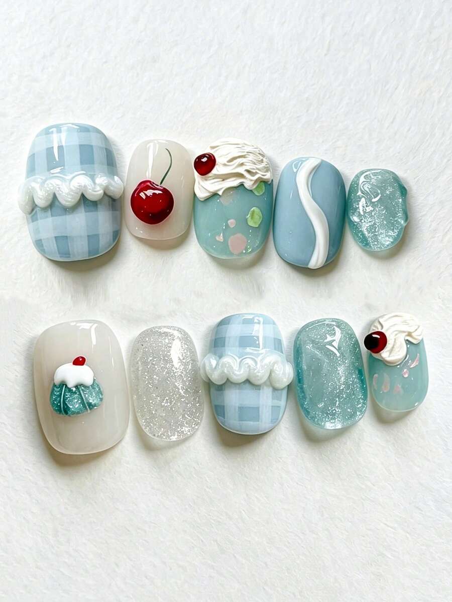10pcs Kuku Tempel Pendek Bulat & Persegi Buatan Tangan, Tema Makanan Penutup yang Lucu, Dekorasi Kue Ceri Krim 3D, Hati Kotak-kotak Merah Muda dengan Glitter Rhinestone, Gaya Macaron Gradient Dopamine, Cocok untuk Pemula, Gaya Musim Panas untuk Kencan Sehari-hari - Mint Blue - View 1