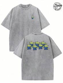 Disney Toy Story Alien Claw Machine Squad Front Back Double Print Vintage Washed Black Cotton Tee, Pizza Planet Alien Casual Unisex T-Shirt - Grey - View 1