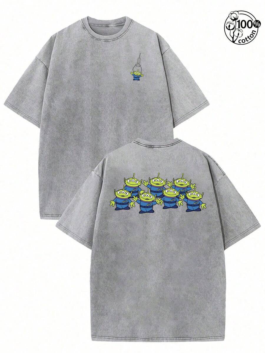 Disney Toy Story Alien Claw Machine Squad Front Back Double Print Vintage Washed Black Cotton Tee, Pizza Planet Alien Casual Unisex T-Shirt - Grey - View 1