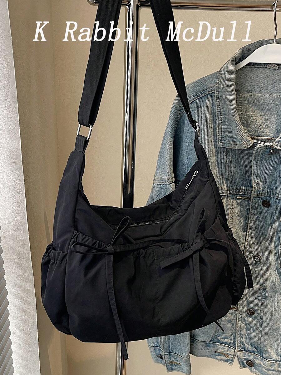 New Fashion Versatile Niche Pleated Bow Decor Crossbody Bag, Casual Minimalist Solid Color Handbag, Large Capacity, Portable And Lightweight