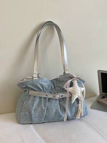 New Fashion Casual Solid Color Denim Fabric Tote Bag Star Pattern Pleated Fabric Women's Shoulder Bag - Baby Blue - View 13