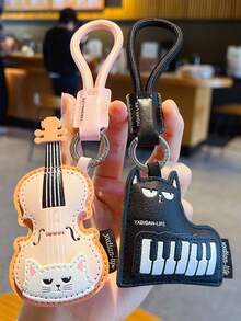Cat Music Instrument Faux Leather Keychain Violin Piano Guitar Pendant Creative Bag Charm Car Key Chain, Bag Accessory, Bag Pendant, Love Accessory Daily Gift For Best Friend Music Lover Birthday Holiday Gift - Multicolor - View 3