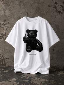 Camiseta de manga corta de cuero con estampado de oso, estilo gótico americano de moda urbana, logotipo de cruz de subcultura urbana, unisex, casual...puro algodón - Blanco - Ver 1