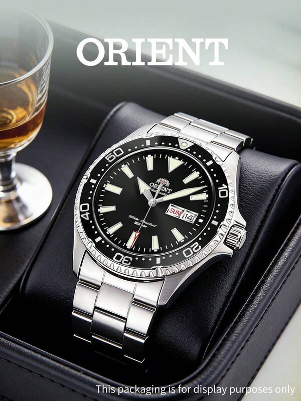 Orient ساعة غوص رجالية أوتوماتيكية ميكانيكية بقرص أسود وإطار دوار أسود وسوار من الفولاذ المقاوم للصدأ مع عرض التاريخ المضيء هدية كلاسيكية للأعمال