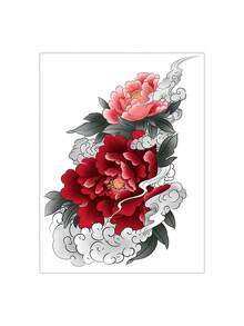 1 pieza Pegatina de tatuaje floral de peonía roja con diseño de bordado, patrón de tatuaje simulado, adecuado para viajes, festivales de música, juegos, regalos de graduación, dura de 3 a 5 días - Multicolor - Ver 4