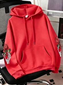 Plus Size Women's Halloween Rose Print Long Sleeve Hooded Thin Sweatshirt, Loose Fit High Street Couple Sweatshirt Top, Autumn/Winter Casual Style - Red - View 2
