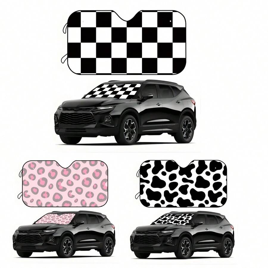 1pc Plaid Pattern Printed Car Front Windshield Sun Shade Decor Vehicle Sun Visor UV Reflector Sun Protection Cover Keeps Vehicle Cool - Sunshade - View 1
