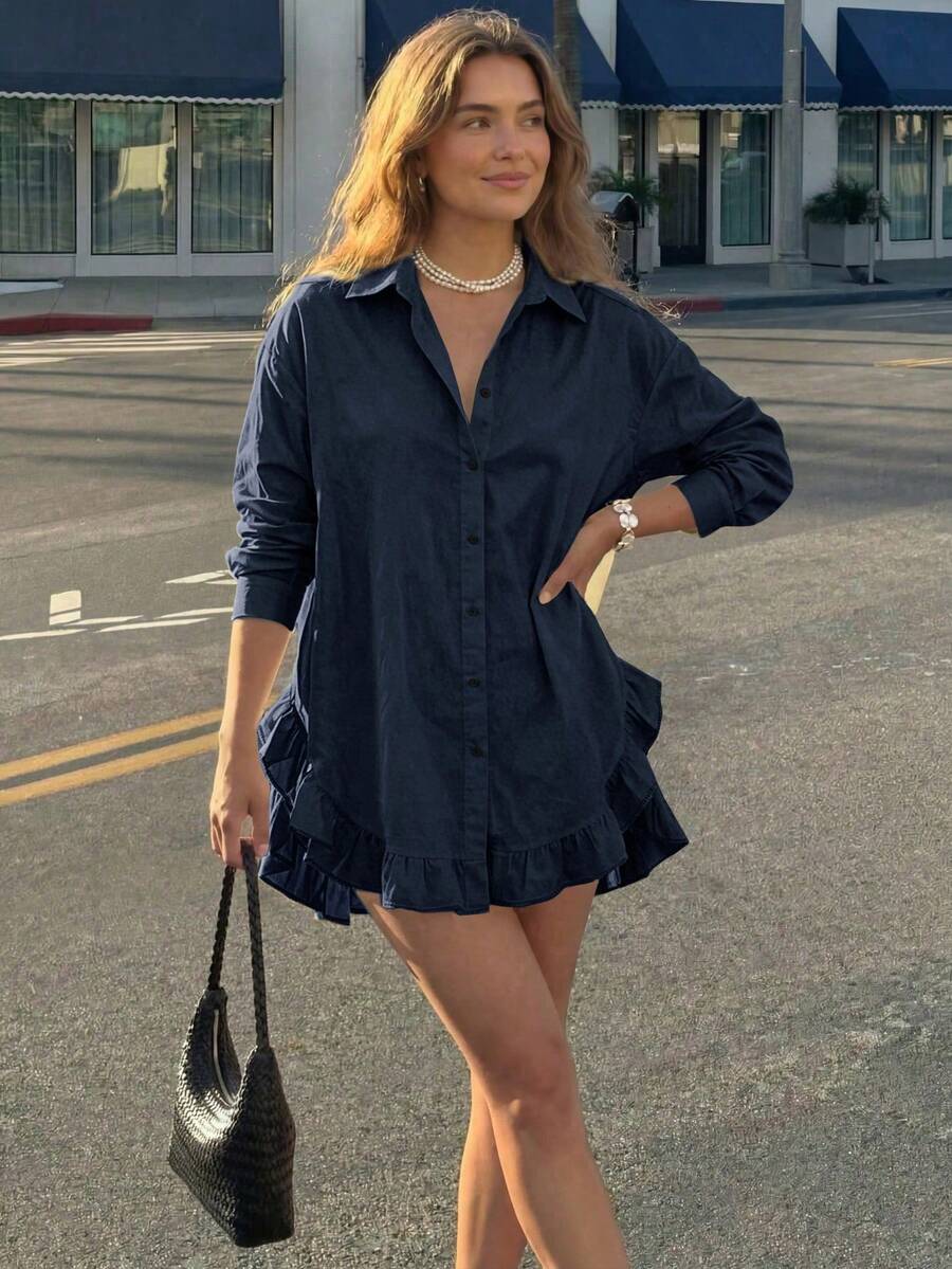 Women's Spring Casual Solid Color Front Button Ruffle Blouse Spring/Summer - Navy Blue - View 1