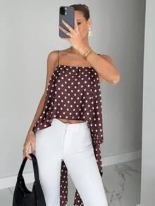 verano sin espalda de color amarillo elegante para mujer, conjunto sexy con espalda anudada y asimétrico, blusa de gasa transparente para vacaciones y playa, blusa de lunares retro y de moda - Marrón - Ver 1
