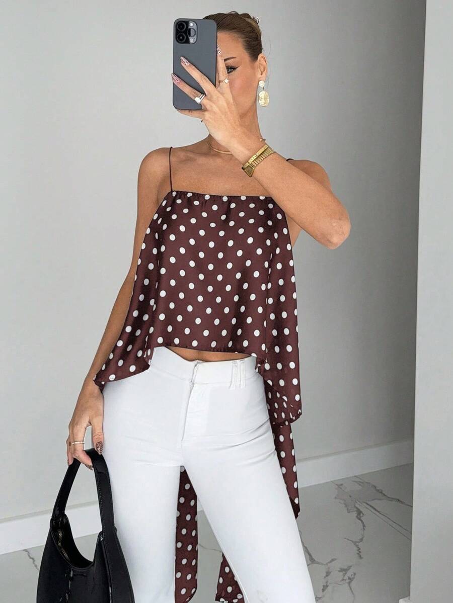 verano sin espalda de color amarillo elegante para mujer, conjunto sexy con espalda anudada y asimétrico, blusa de gasa transparente para vacaciones y playa, blusa de lunares retro y de moda - Marrón - Ver 1