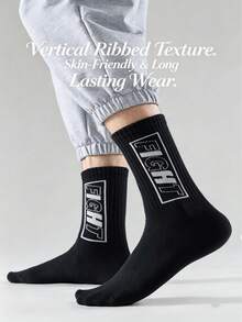 1/3/5 Pairs American FIGHT Letter Contrast Print 4-Way High Elastic Ribbed Men's Mid-CalfSocks, Breathable Moisture-Wicking Odor-Resistant Cushioned Durable Sports Socks, Street Hip-Hop Basketball Skateboard Fitness Jogging Sweatpants Jeans Casual Socks - Multicolor - View 3