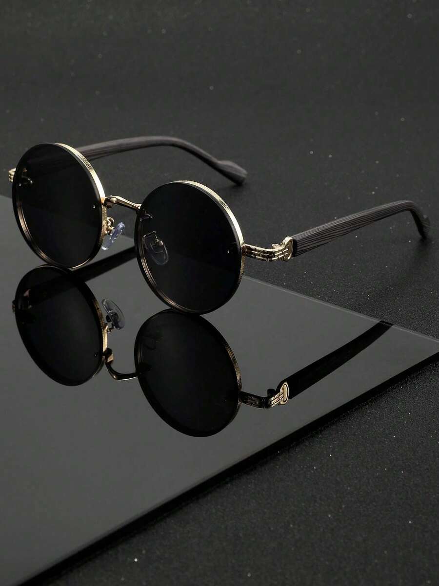 1 Pair Of Unisex Black Metal Round Glasses, Retro Punk Urban Style, Fashion Glasses, Suitable For Street Photography, Travel, Parties, Daily Use, Fishing, Camping, Summer Beach Holidays, Outdoor Activities, Trips - 金灰 - 查看 1