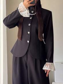 Women's Elegant Commuter Blazer With Padded Shoulders, Solid Color Lace Patchwork Front Button Metal Buttons Pearl Office Daily Date Black Fall - Black - View 3