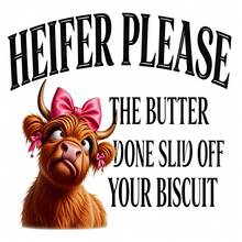 1/2/3PCS Funny Highland Cow Heat Transfer, "HEIFER PLEASE" Humorous Text Pattern Heat Transfer, Vinyl Print, Heat Transfer Sticker, Iron-On Transfer Iron-On Sticker Decal - Suitable For Pillows, DIY, Backpacks, T-Shirts, Canvas Bags, Sweatshirts, Jeans, T-Shirts, Clothing, Sewing Supplies - Multicolor - View 2