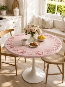 1Pc Pink Rose Round Stretch Tablecloth, Elegant Polyester Elastic Fitted Table Cover, Floral Wreath Print Washable Dustproof Table Protector Slipcover For Dining Table, Kitchen, Wedding, Party, Spring Home Decor - Multicolor - View 8