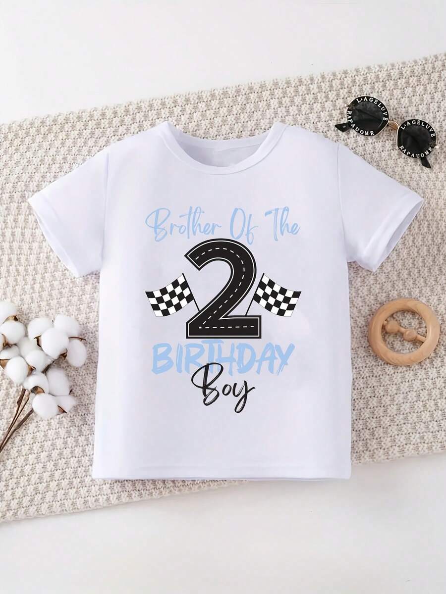 2-Year-Old Boy's T-Shirt With Racing Car Flag Design, 2-Year-Old Boy's Brother T-Shirt, Best Birthday Gift For Kids, Kawaii Clothes For Toddlers - 灰色 - 查看 1