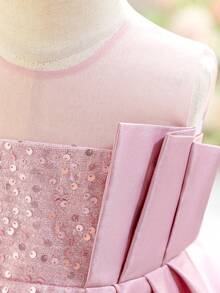 Baby Girl Sequin Patchwork Round Neck Pleated Party Dress, Suitable For Gatherings, Weddings, Birthdays, Celebrations, Formal Occasions, All Seasons - Dusty Pink - View 6